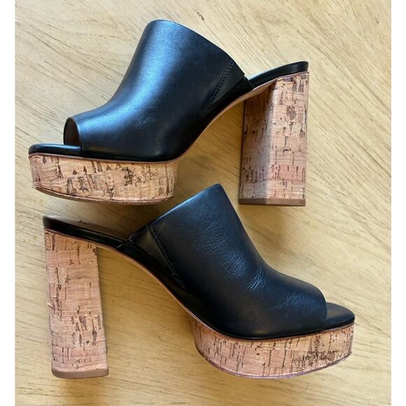 Y2K Open Toe Black Leather Soles Cork Wedge Platform Mules High Heels Clogs Sz 7 - Picture 3 of 10